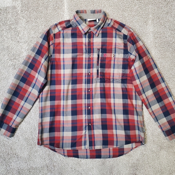 Men's XXL Fjallraven Fjallglim Flannel Shirt Red Blue Plaid EUC Gorpcore - Picture 3 of 14